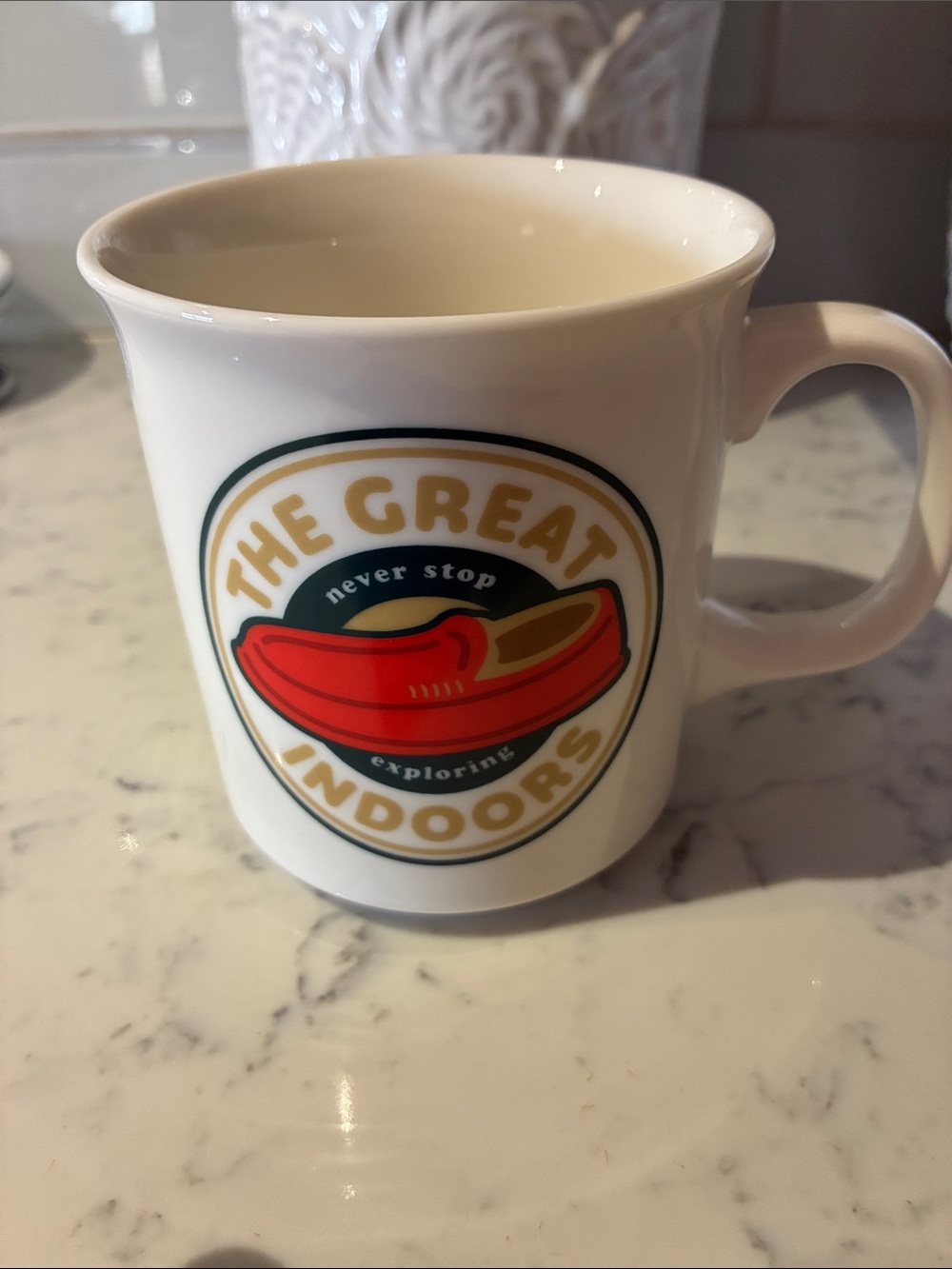 The Great Indoors White Ceramic 16oz Mug  “ Never stop exploring” EUC Introvert